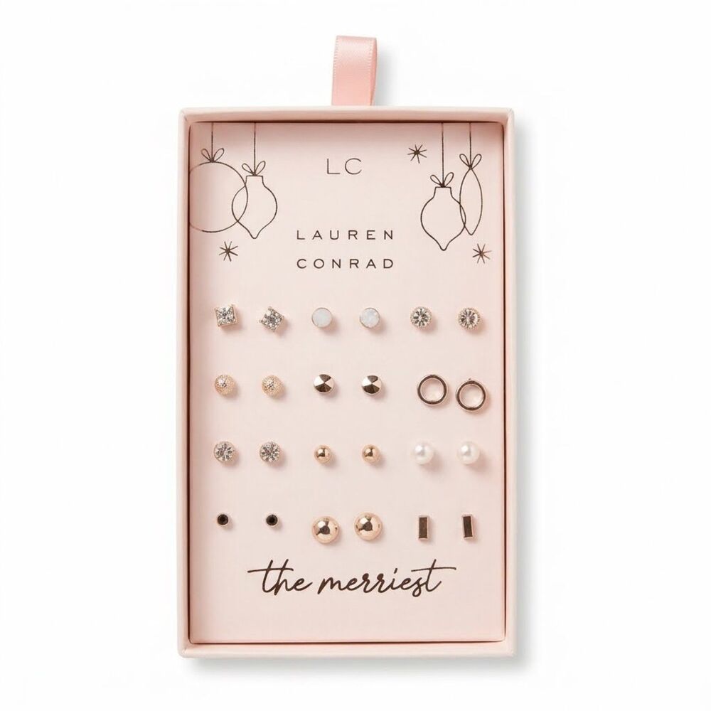 Lauren Conrad 24 pc Gold Tone Christmas Xmas Stud Earring Gift Set Faux Pearl